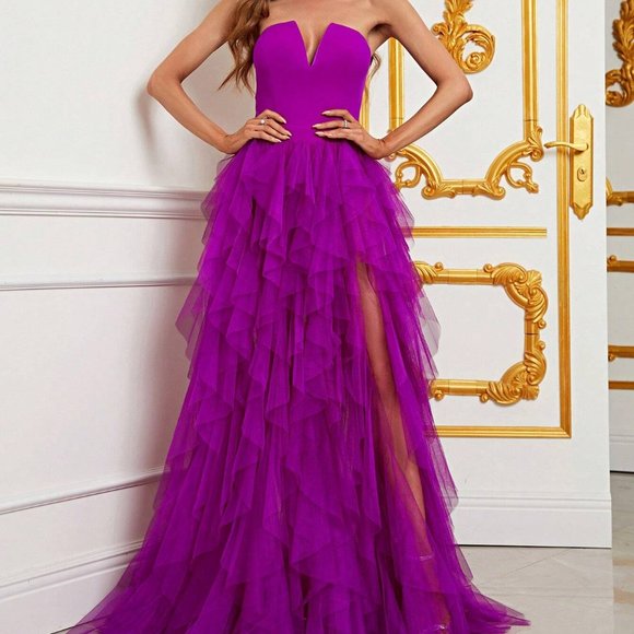 Purple Preppy Womens Split Thigh Mesh Overlay Tube Dress - Picture 5 of 5